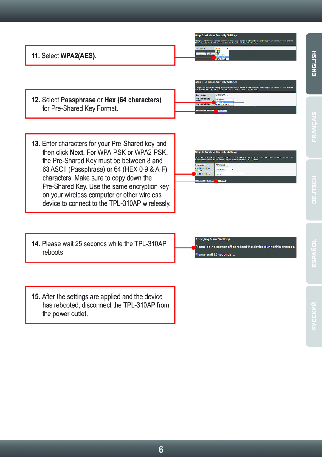 TRENDnet TRENDNET, TPL-310AP manual Select WPA2AES Select Passphrase or Hex 64 characters, For Pre-Shared Key Format 