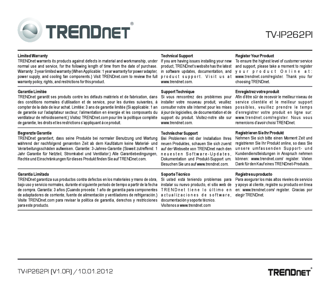 TRENDnet TRENDNET, TV-IP262PI (V1.0R) /10.01.2012 manual Registre su producto 