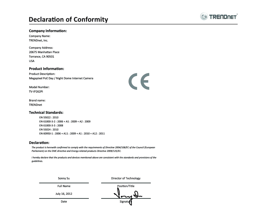 TRENDnet TRENDNET, TV-IP262PI (V1.0R) /10.01.2012 manual 