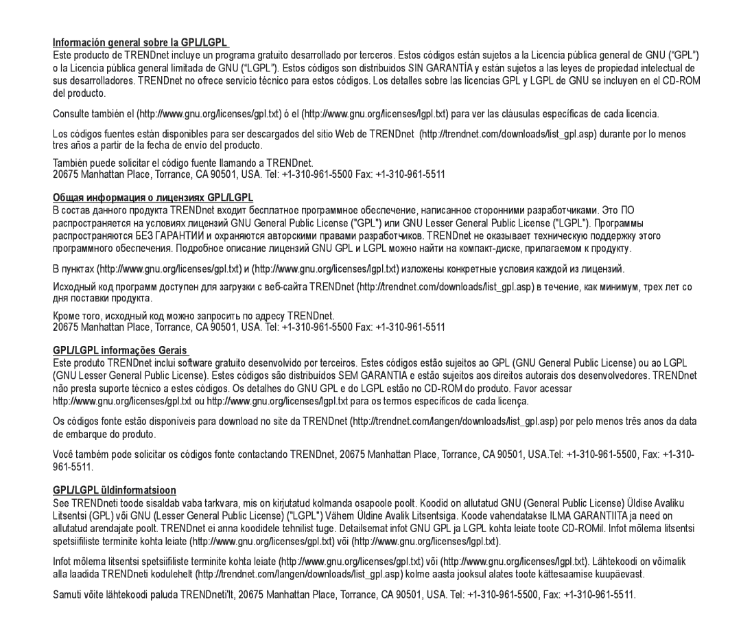 TRENDnet TRENDNET, TV-IP262PI (V1.0R) /10.01.2012 manual Información general sobre la GPL/LGPL 