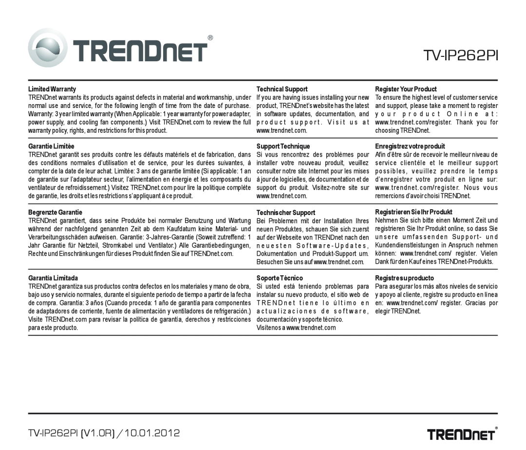 TRENDnet TRENDNET, TV-IP262PI (V1.0R) /10.01.2012 manual Limited Warranty 