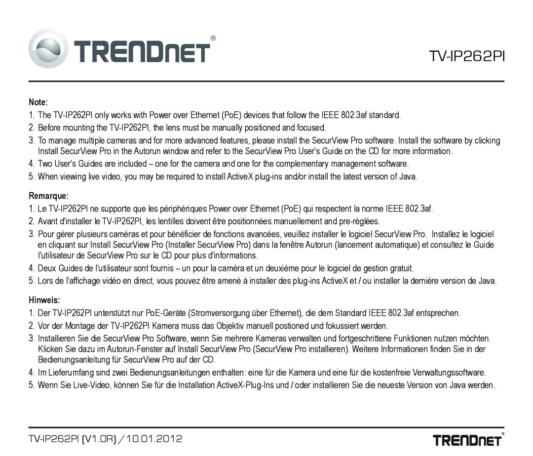 TRENDnet TRENDNET, TV-IP262PI (V1.0R) /10.01.2012 manual Remarque, Hinweis 