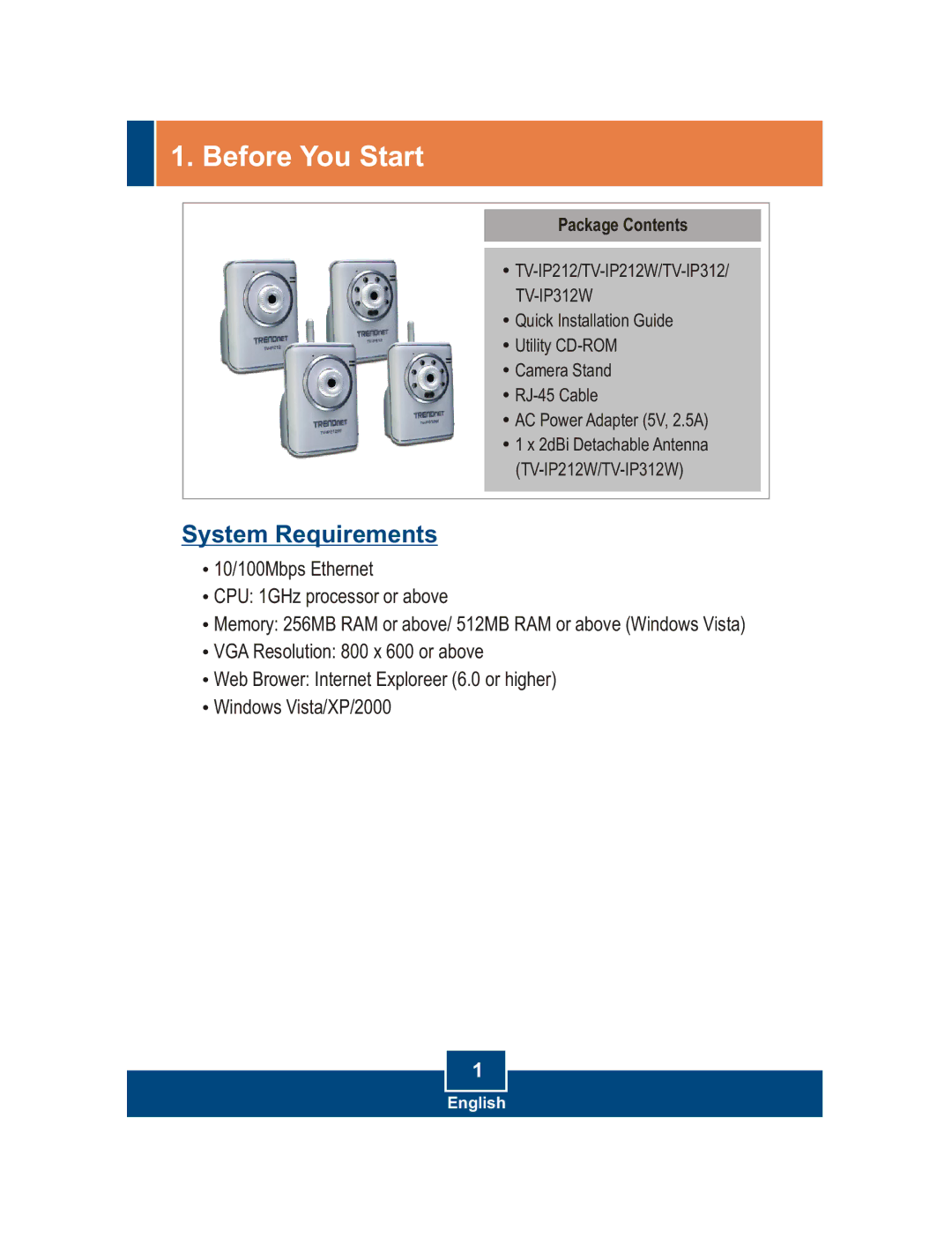 TRENDnet TRENDNET, TV-IP312W, TV-IP212W manual Before You Start, Package Contents 