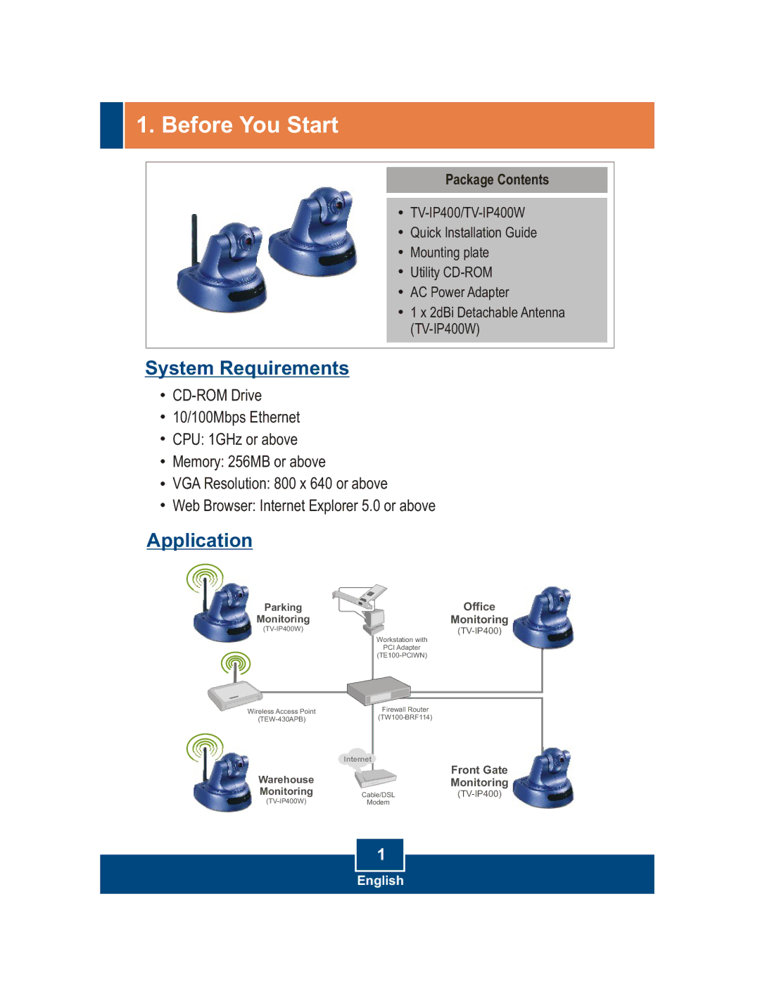 TRENDnet TRENDNET, TV-IP400W, tv-ip400 manual Before You Start, Package Contents 