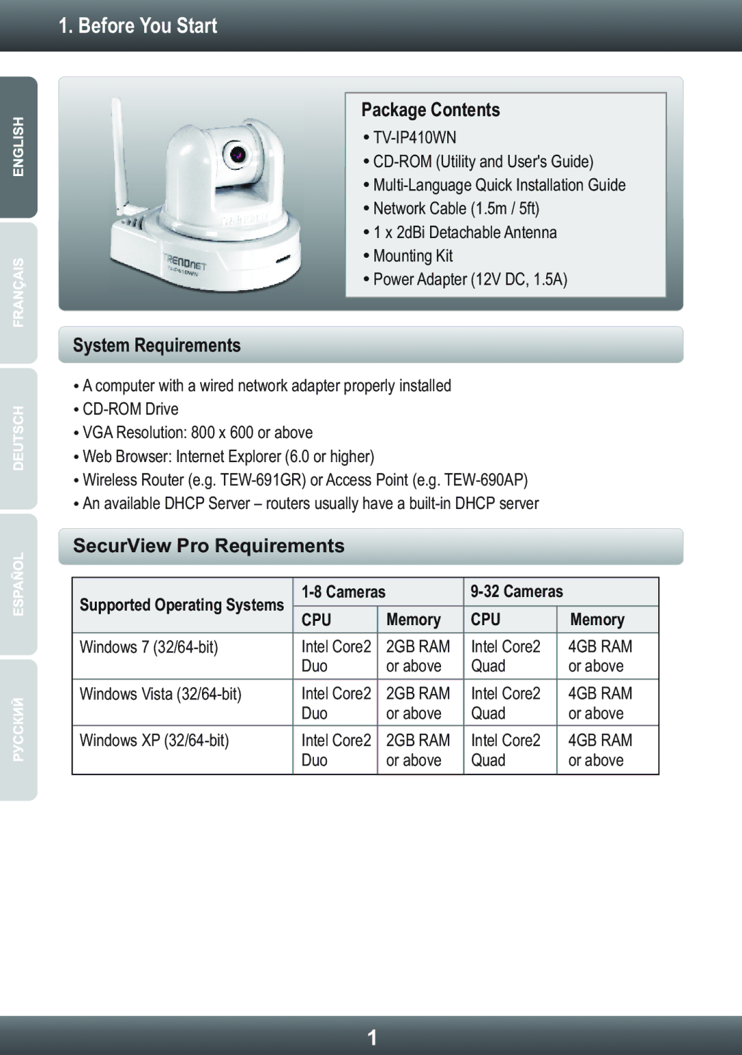 TRENDnet TV-IP410WN, TRENDNET manual Before You Start, Package Contents 