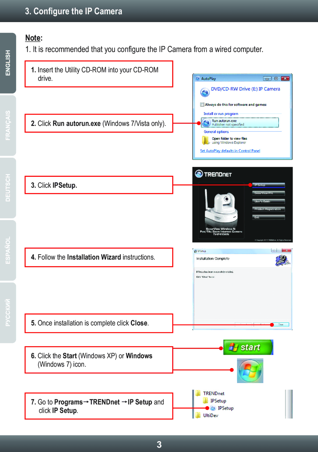 TRENDnet TV-IP410WN, TRENDNET manual Configure the IP Camera, Click IPSetup 