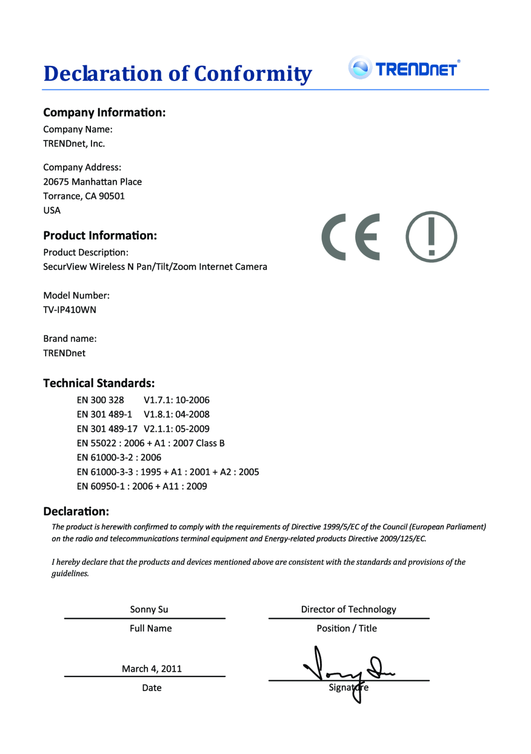 TRENDnet TRENDNET, TV-IP410WN manual 