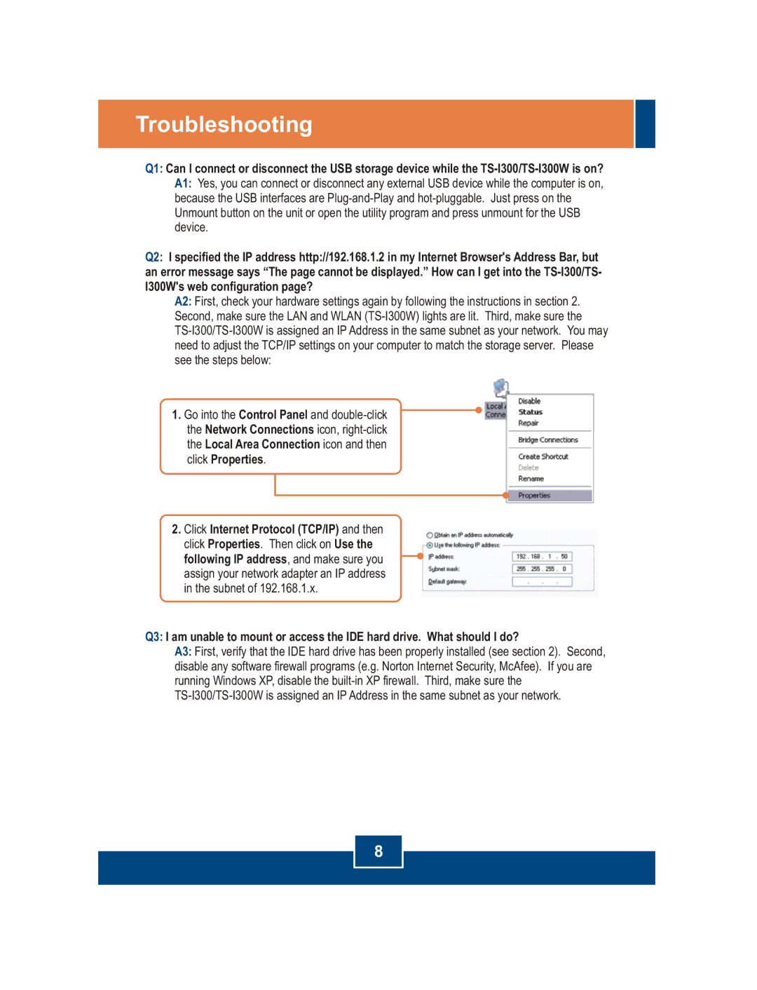 TRENDnet TS-I300W, USB 2.0 & IDE Network Storage Enclosure manual Troubleshooting 