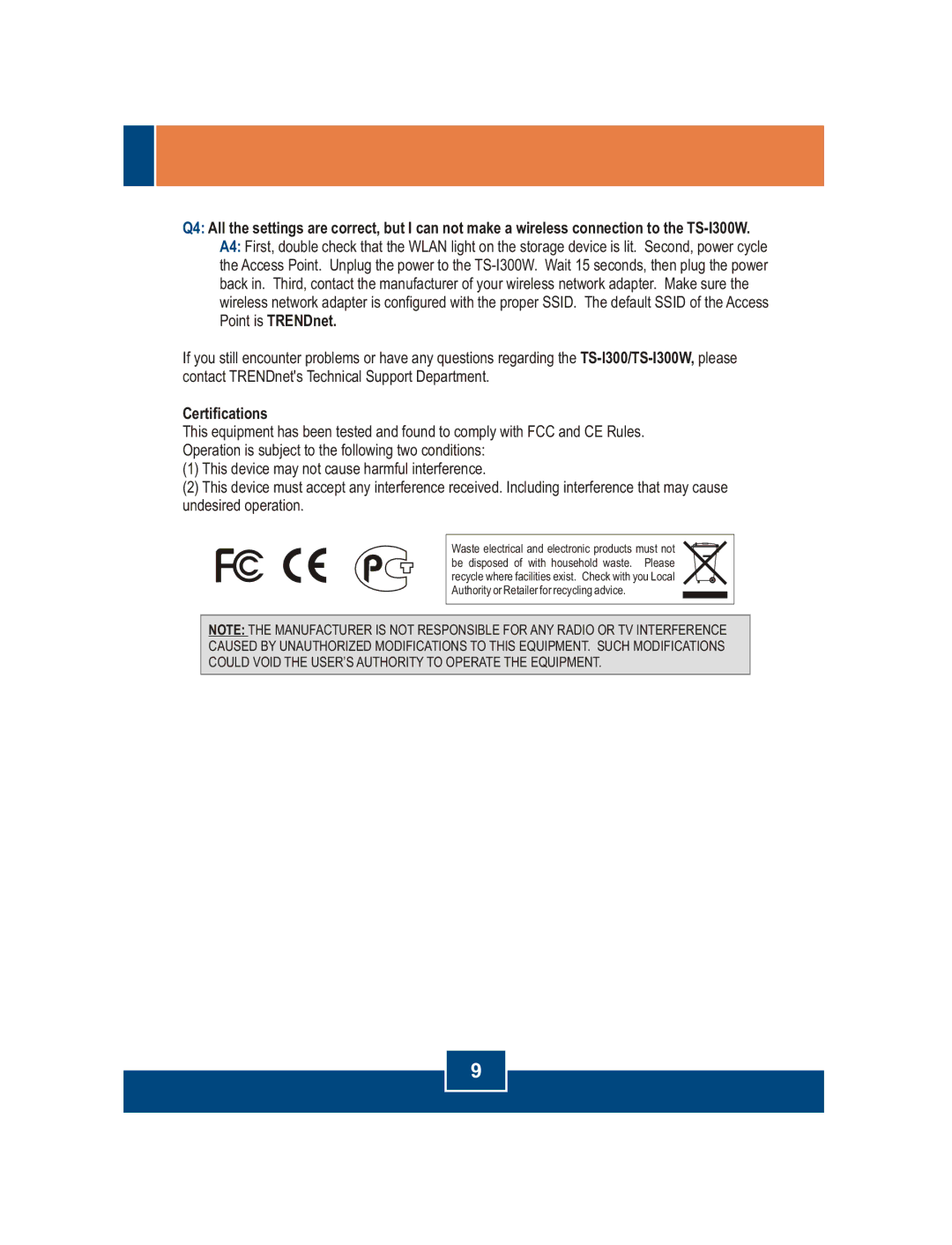 TRENDnet USB 2.0 & IDE Network Storage Enclosure, TS-I300W manual Certifications 