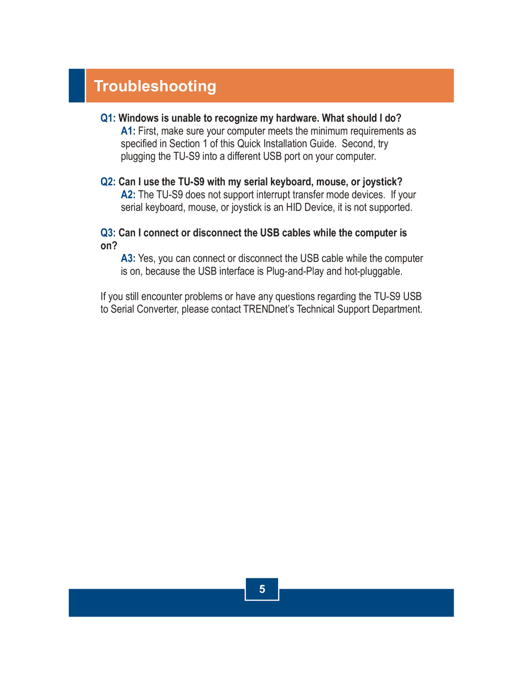 TRENDnet TU-S9 manual Troubleshooting 