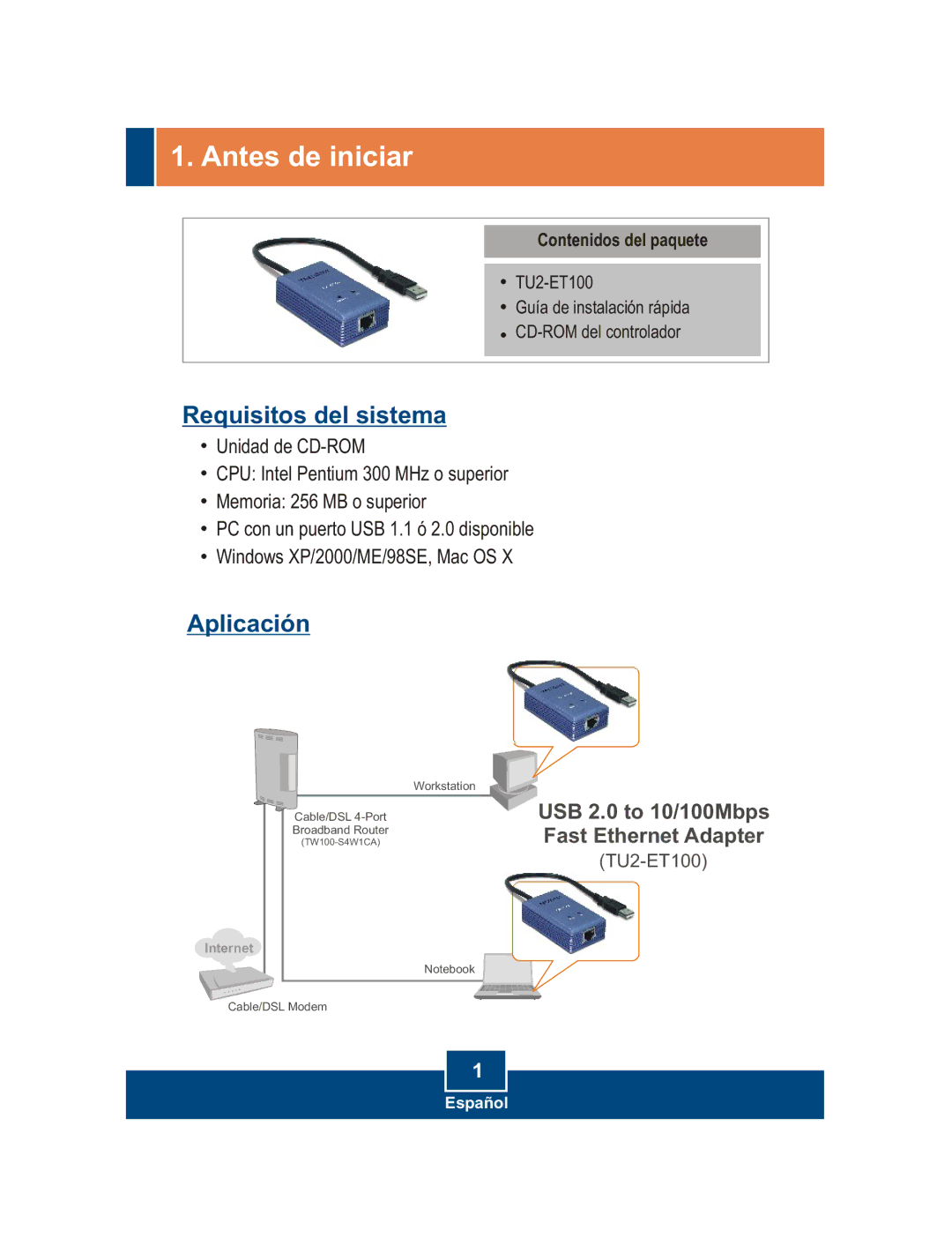 TRENDnet TU2-ET100 manual Antes de iniciar, Requisitos del sistema 