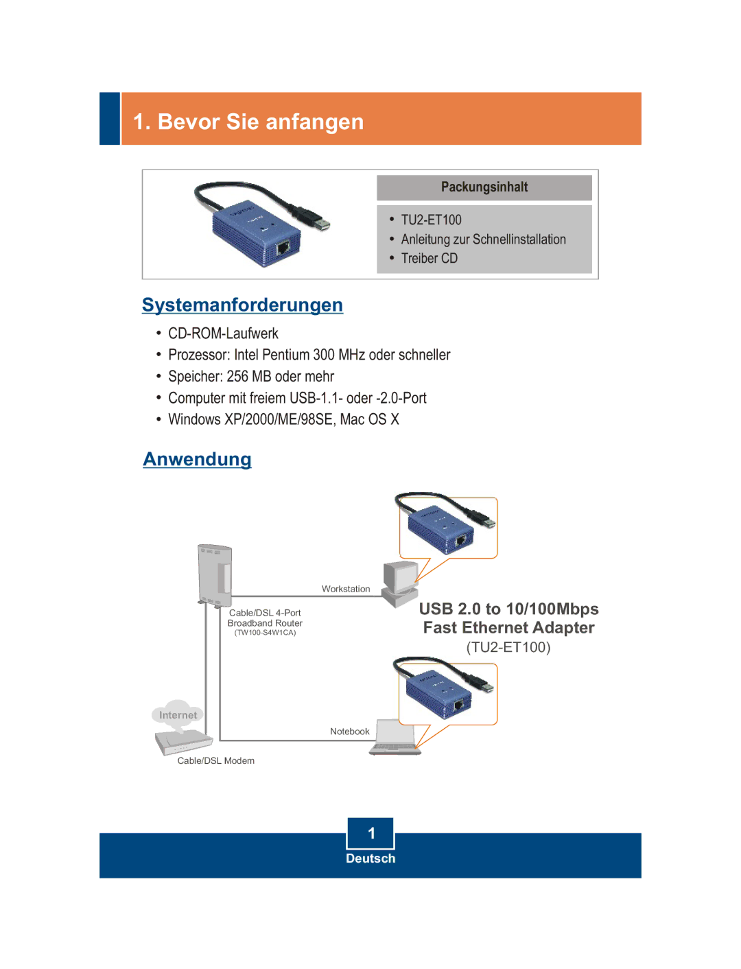 TRENDnet TU2-ET100 manual Bevor Sie anfangen, Systemanforderungen 