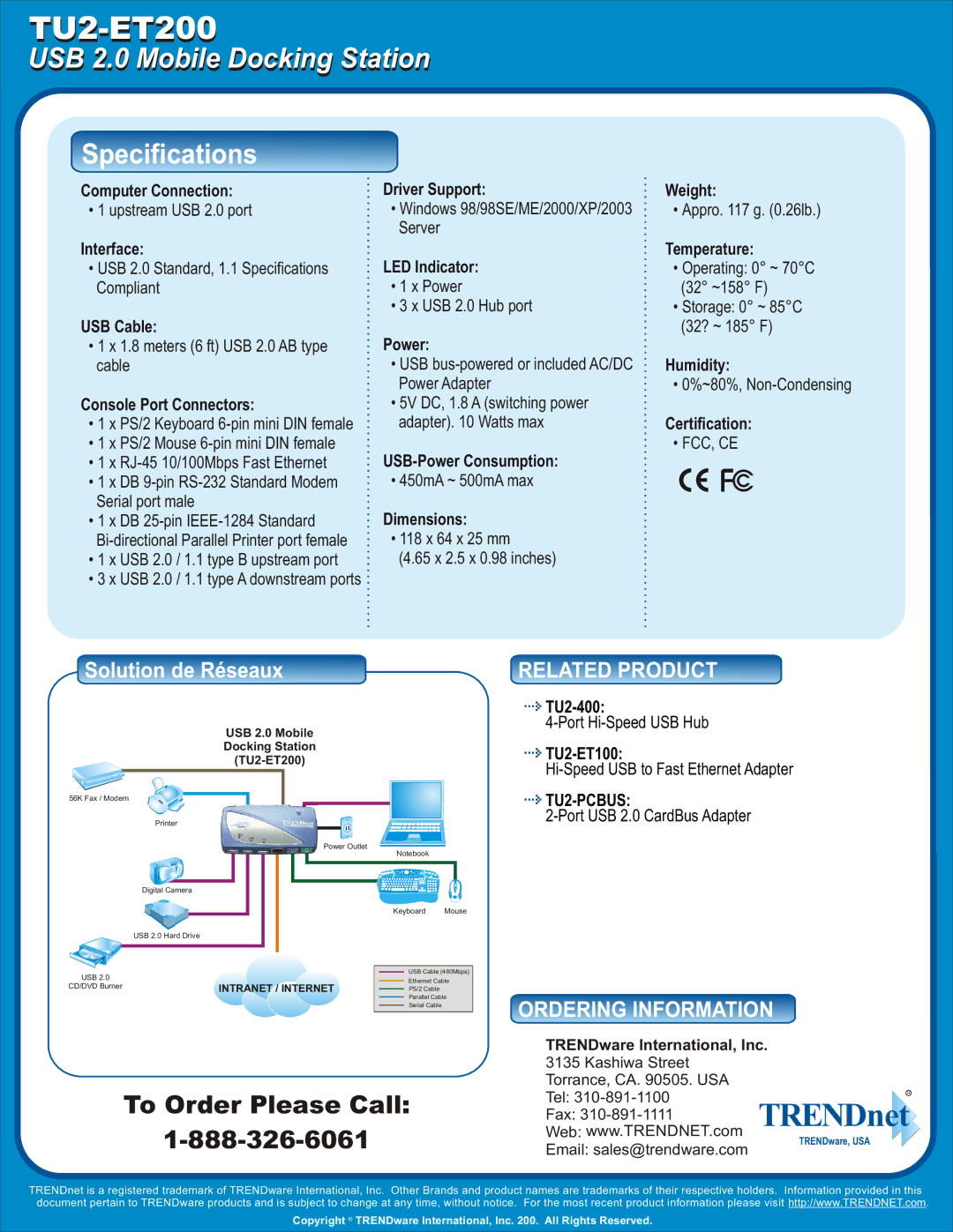 TRENDnet TU2-ET200, Mobile Docking Station specifications Specifications 