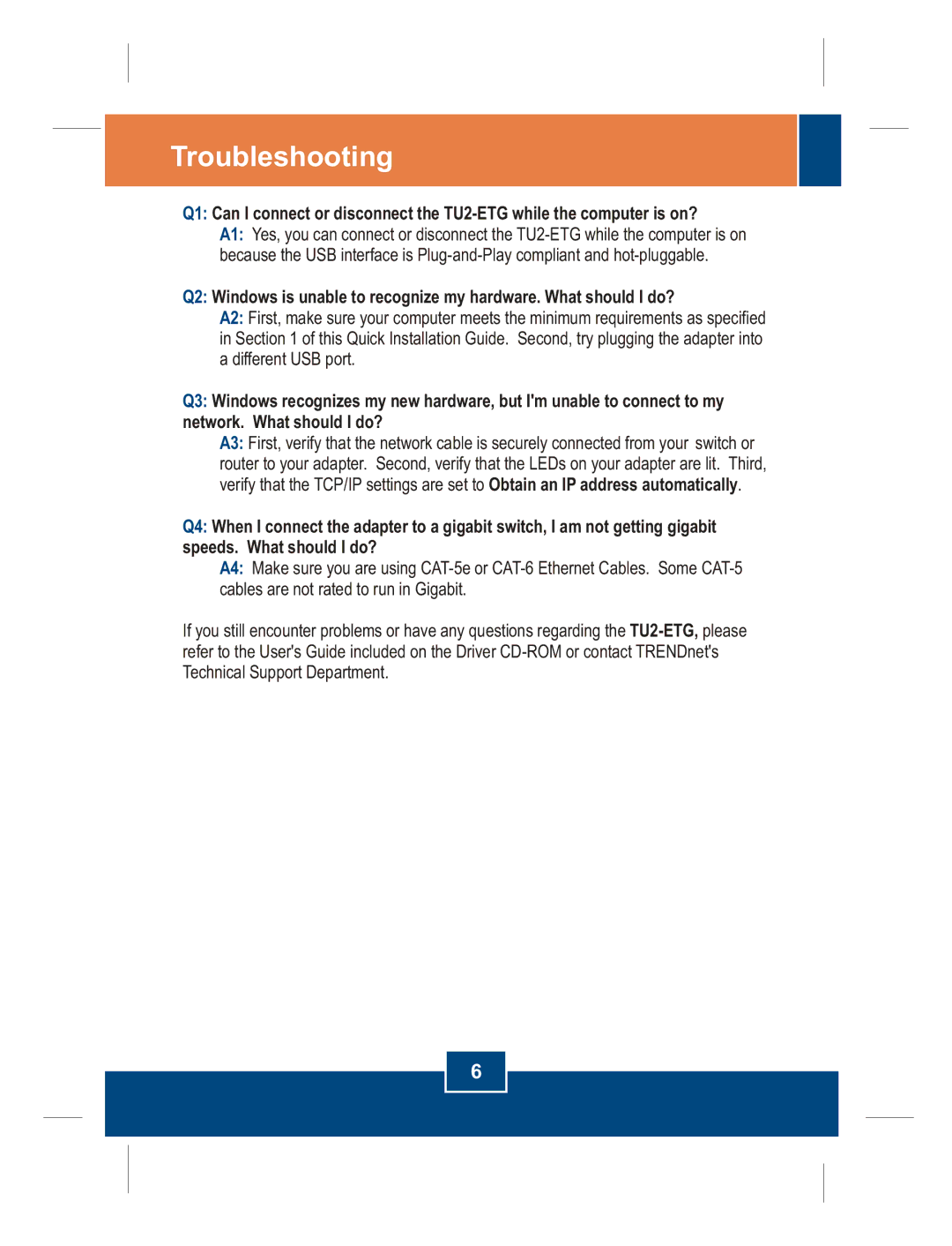 TRENDnet TU2-ETG manual Troubleshooting 