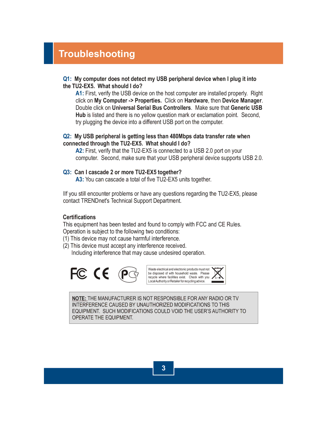 TRENDnet manual Q3 Can I cascade 2 or more TU2-EX5 together?, Certifications 
