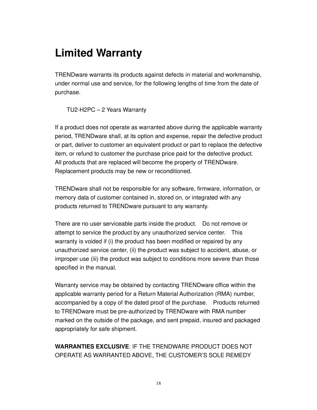 TRENDnet TU2-H2PC manual Limited Warranty 