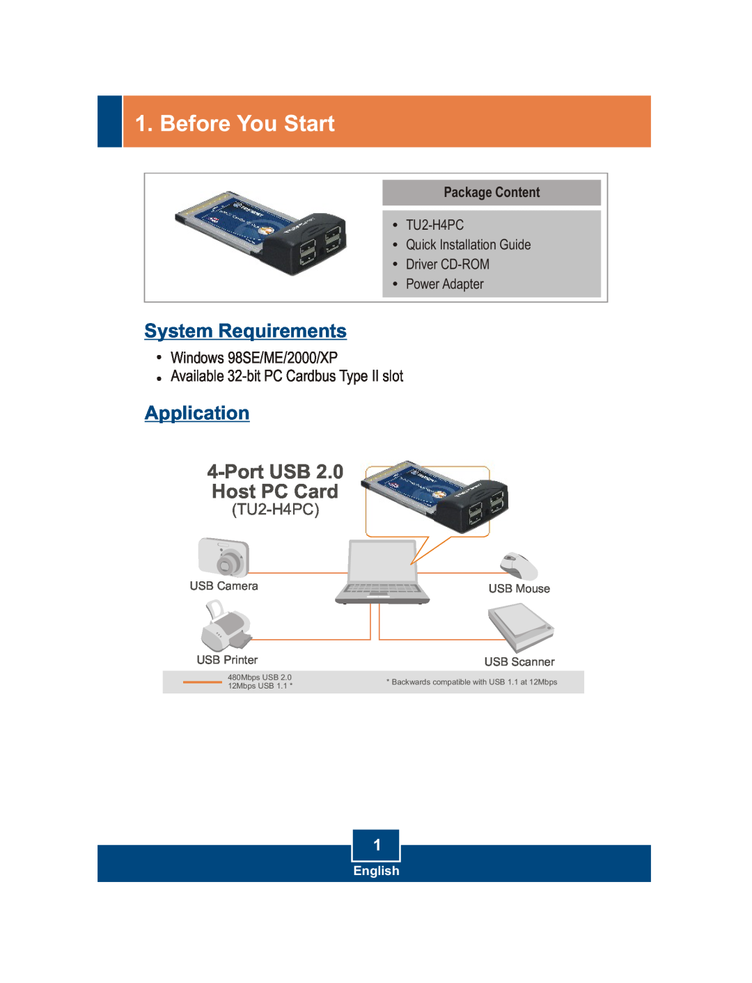 TRENDnet TU2-H4PC Before You Start, System Requirements, Application, Package Content, Port USB Host PC Card, English 