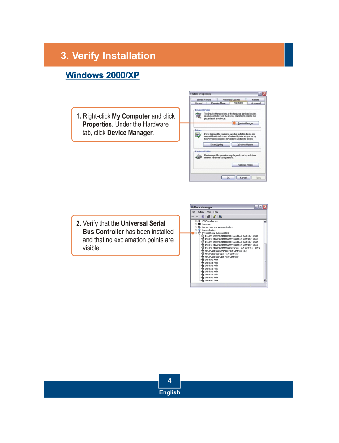 TRENDnet TU2-H4PC manual Verify Installation, Windows 2000/XP, English 