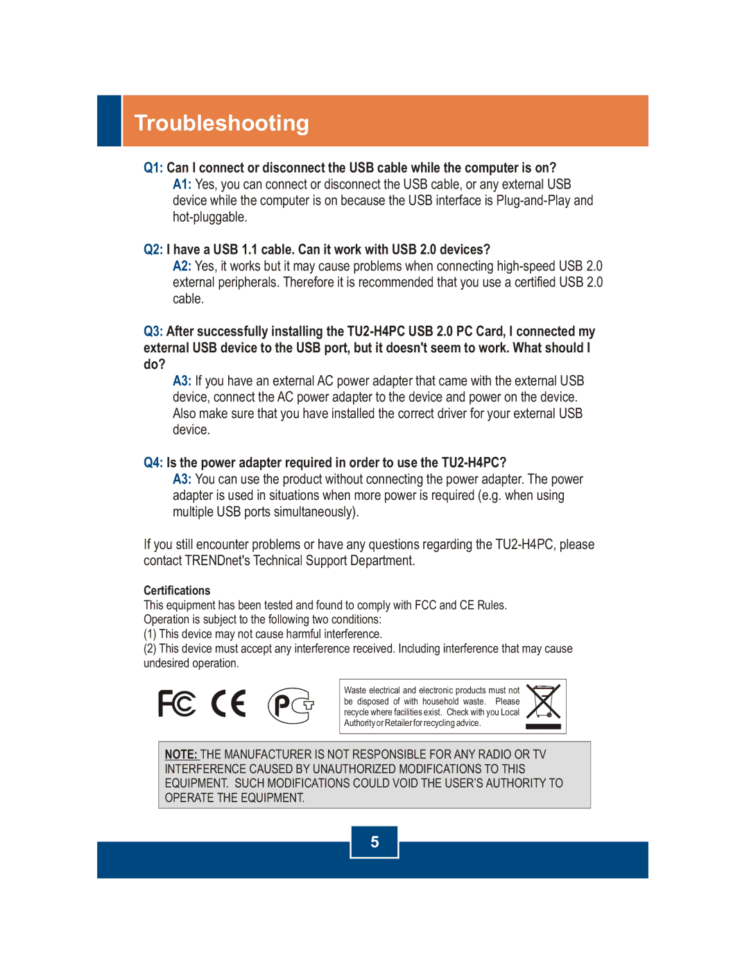 TRENDnet TU2-H4PC manual Troubleshooting, Certifications 