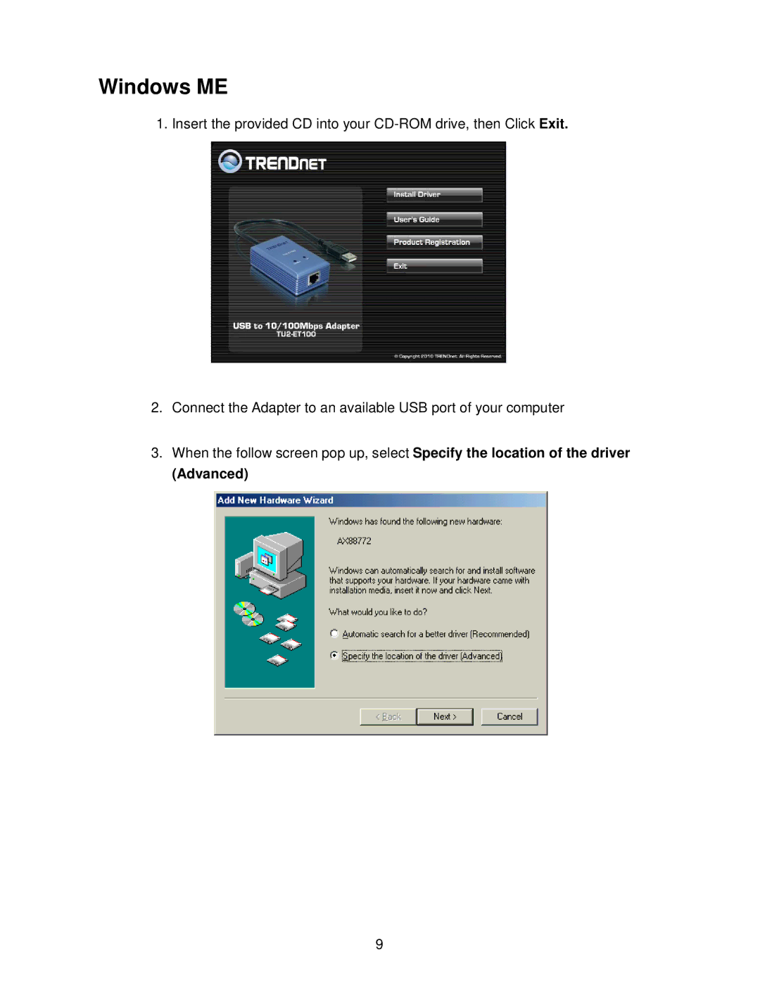 TRENDnet TU2ET100 manual Windows ME 