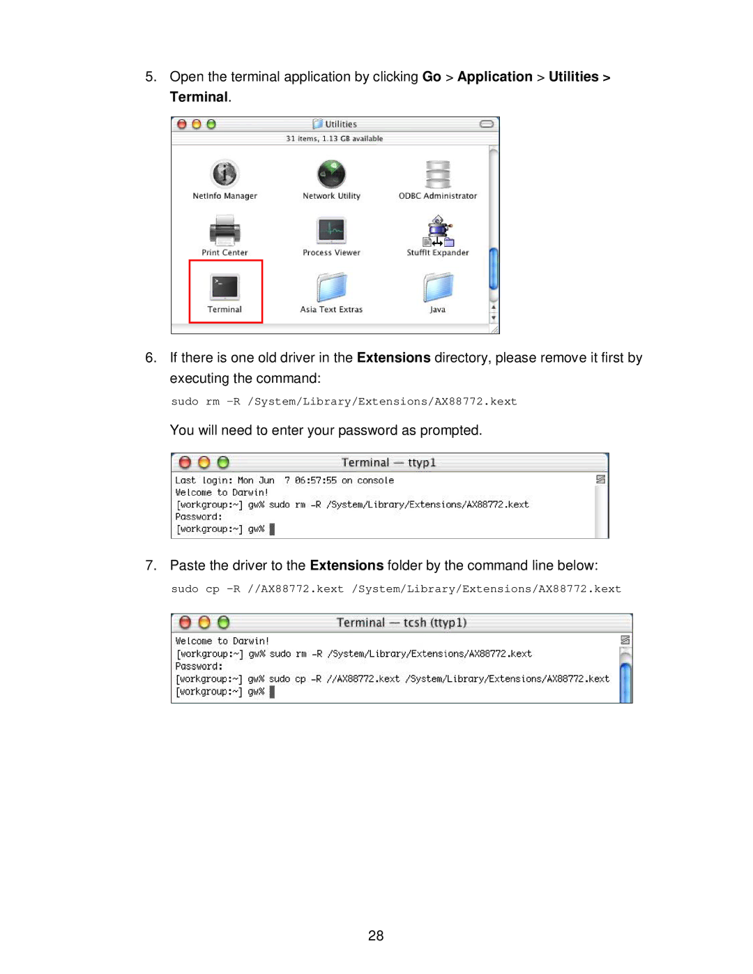 TRENDnet TU2ET100 manual Sudo rm -R /System/Library/Extensions/AX88772.kext 