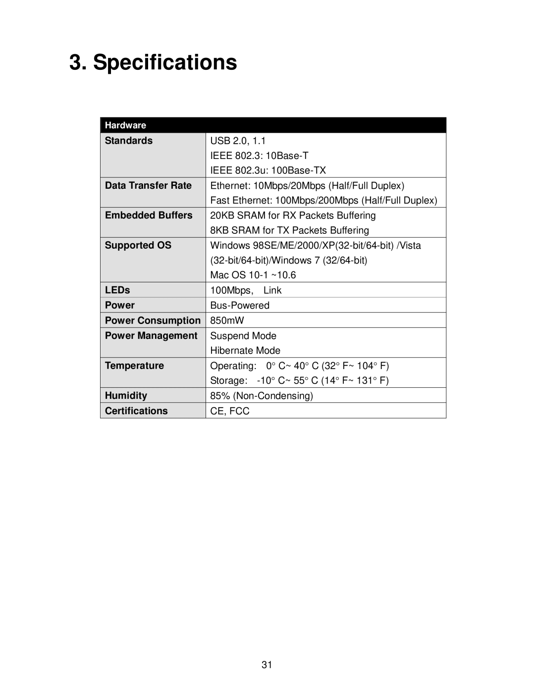 TRENDnet TU2ET100 manual Specifications 