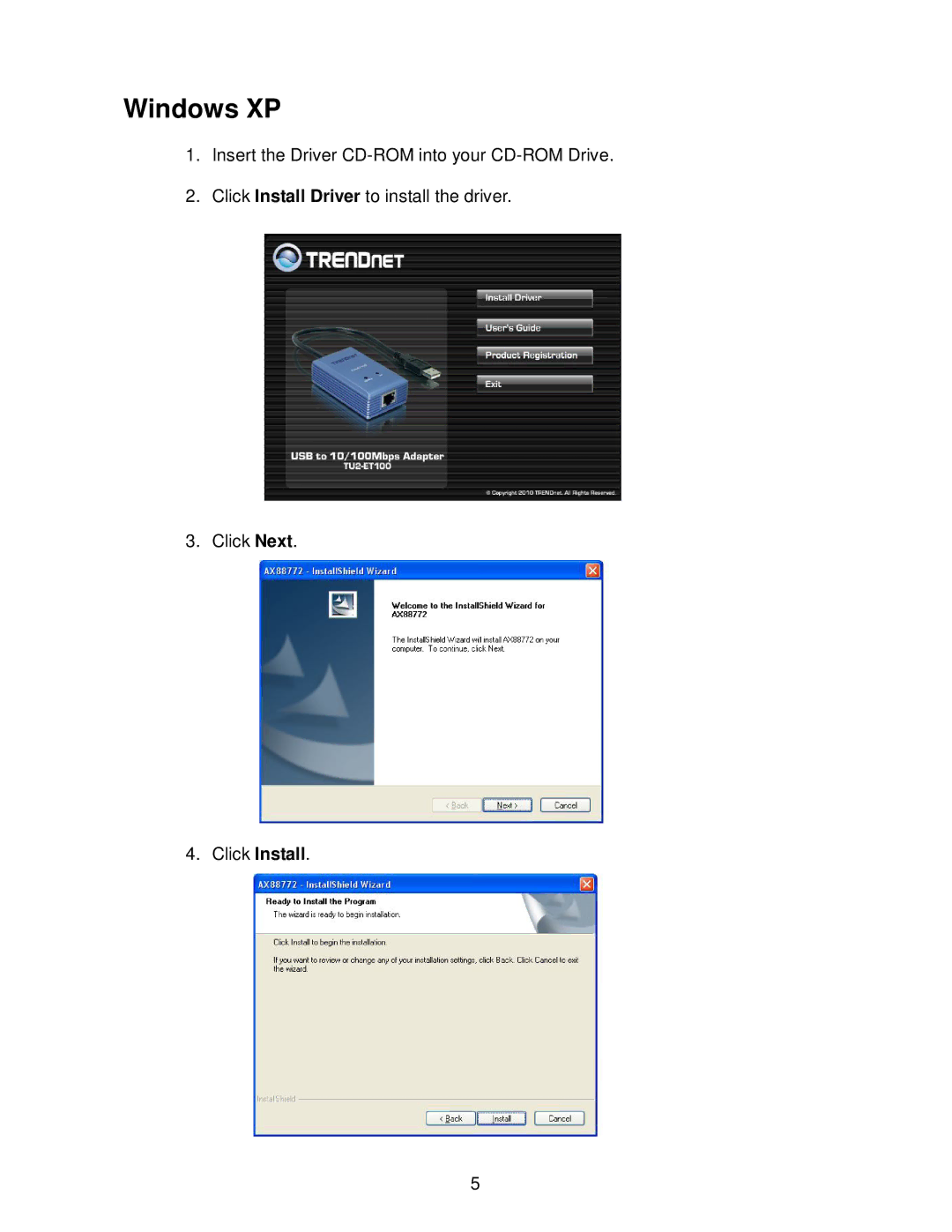 TRENDnet TU2ET100 manual Windows XP 