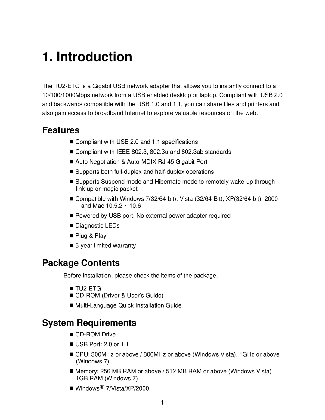 TRENDnet TU2ETG manual Introduction, Features, Package Contents, System Requirements 