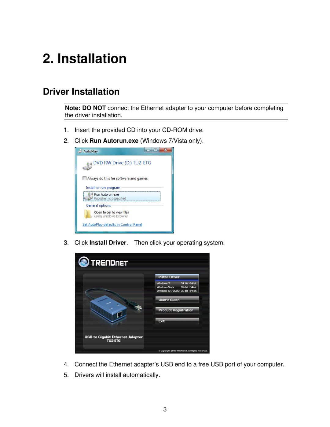 TRENDnet TU2ETG manual Driver Installation 