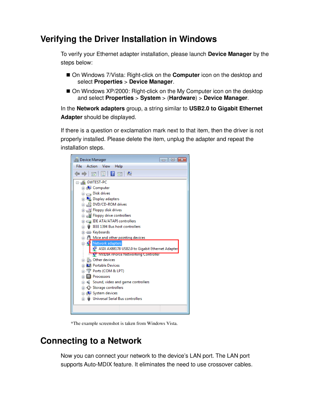 TRENDnet TU2ETG manual Verifying the Driver Installation in Windows, Connecting to a Network 