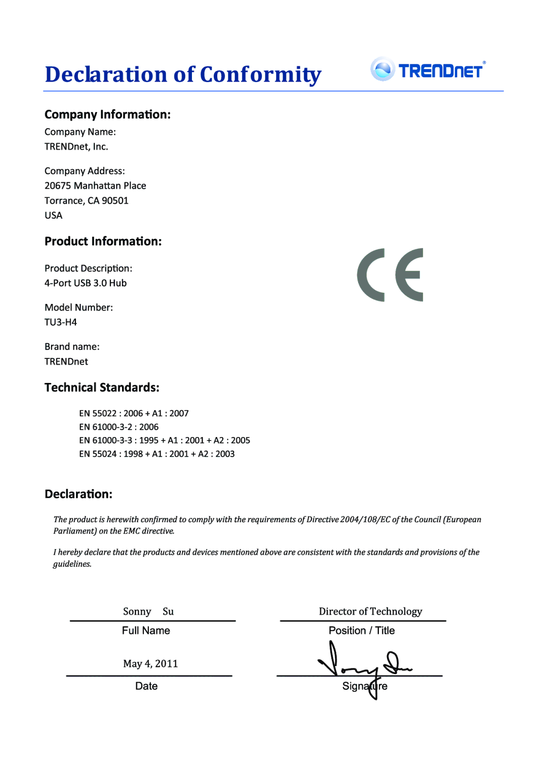 TRENDnet TU3H4 manual 