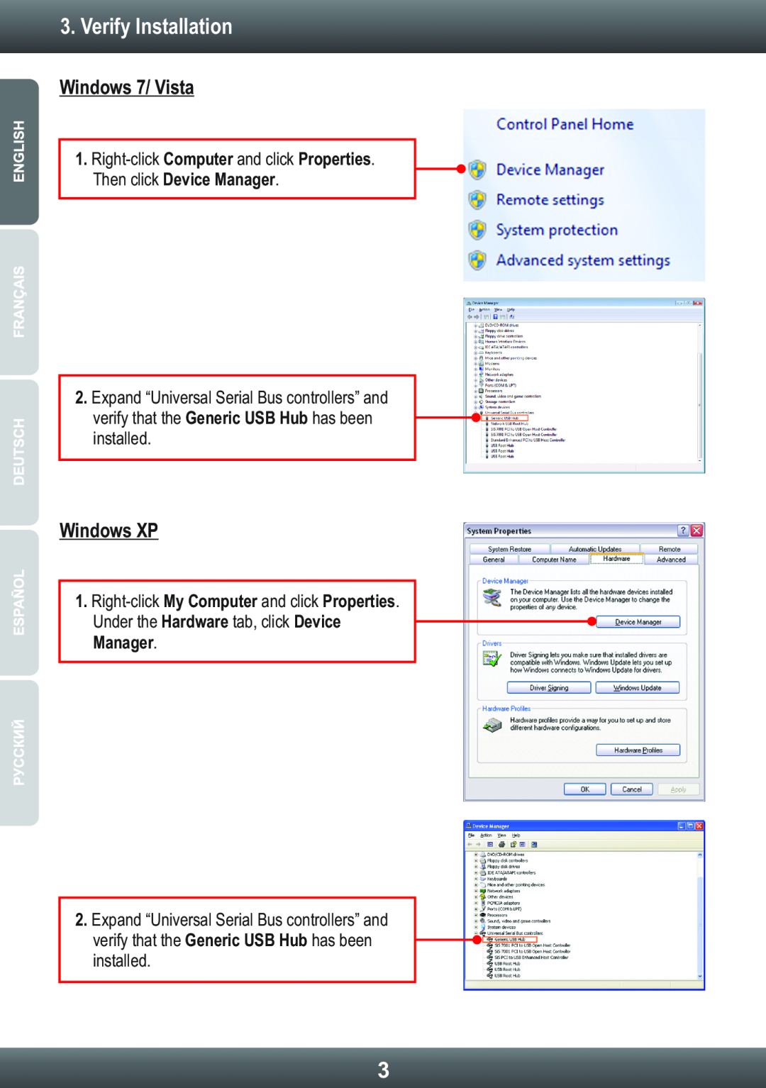 TRENDnet TU3H4 manual Verify Installation, Windows 7/ Vista, Windows XP 