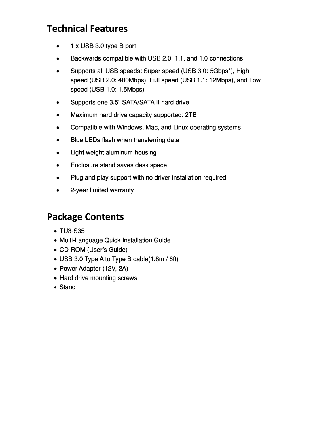 TRENDnet TU3S35 manual Technical Features, Package Contents 