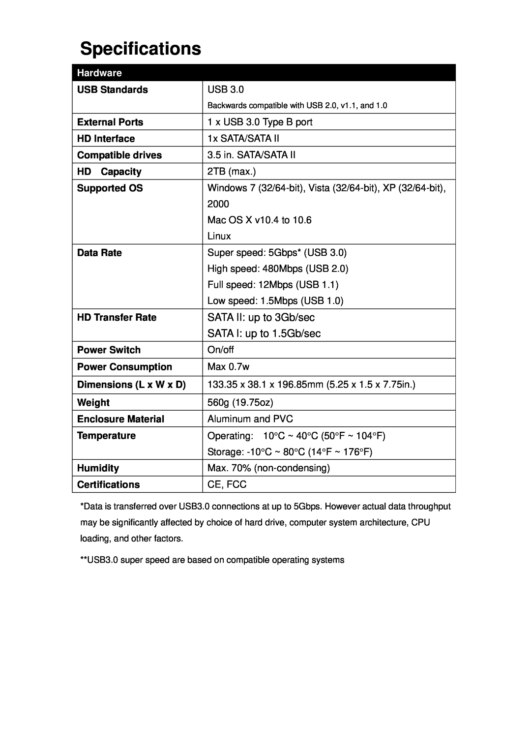 TRENDnet TU3S35 manual Specifications, SATA II up to 3Gb/sec, SATA I up to 1.5Gb/sec, Hardware 