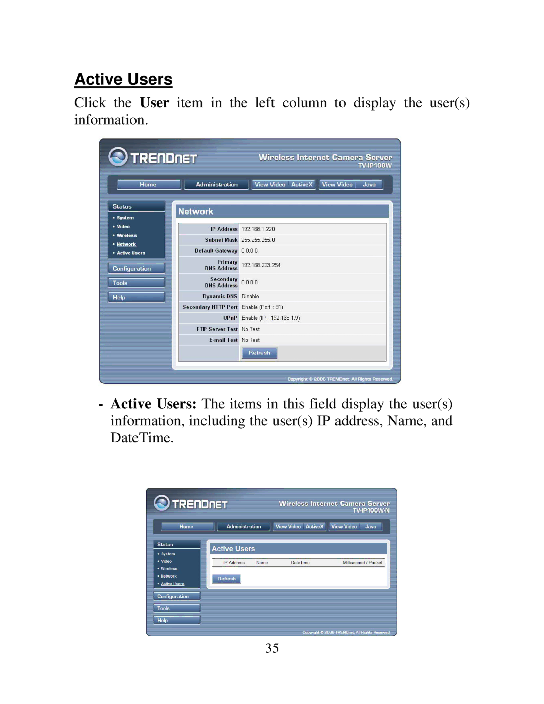 TRENDnet TV-IP100-N, TV-IP100W-N manual Active Users 