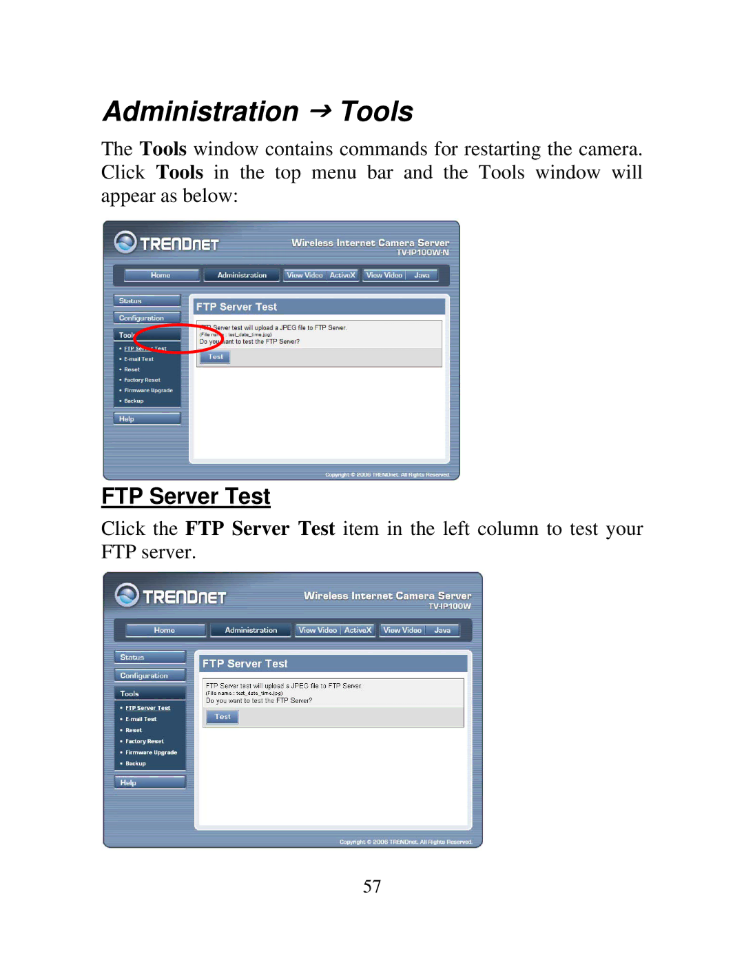 TRENDnet TV-IP100-N, TV-IP100W-N manual Administration J Tools, FTP Server Test 