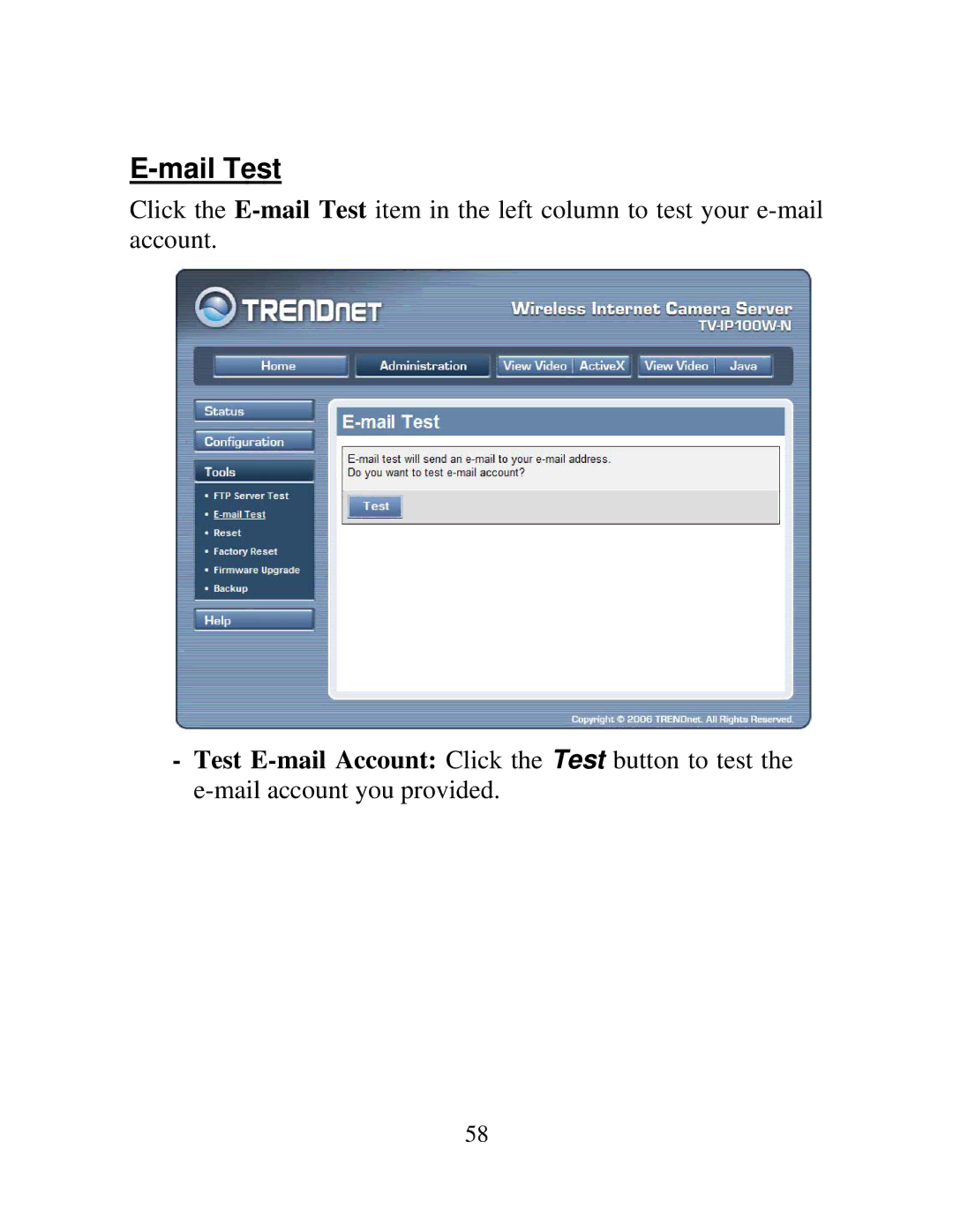 TRENDnet TV-IP100W-N, TV-IP100-N manual Mail Test 