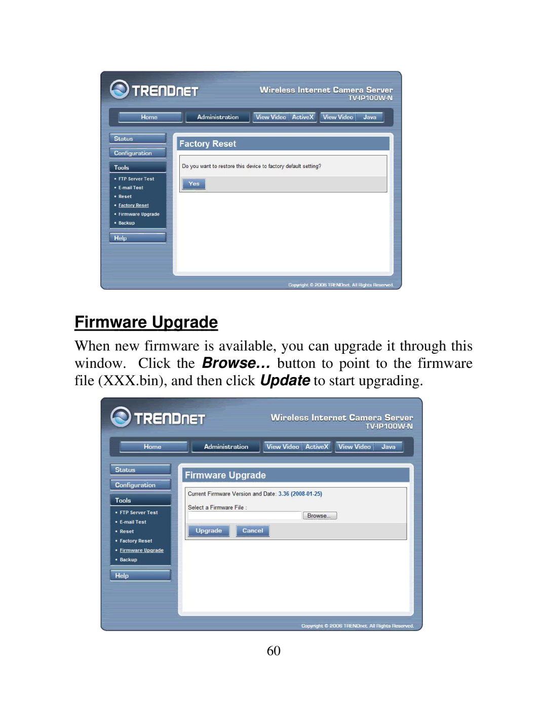 TRENDnet TV-IP100W-N, TV-IP100-N manual Firmware Upgrade 