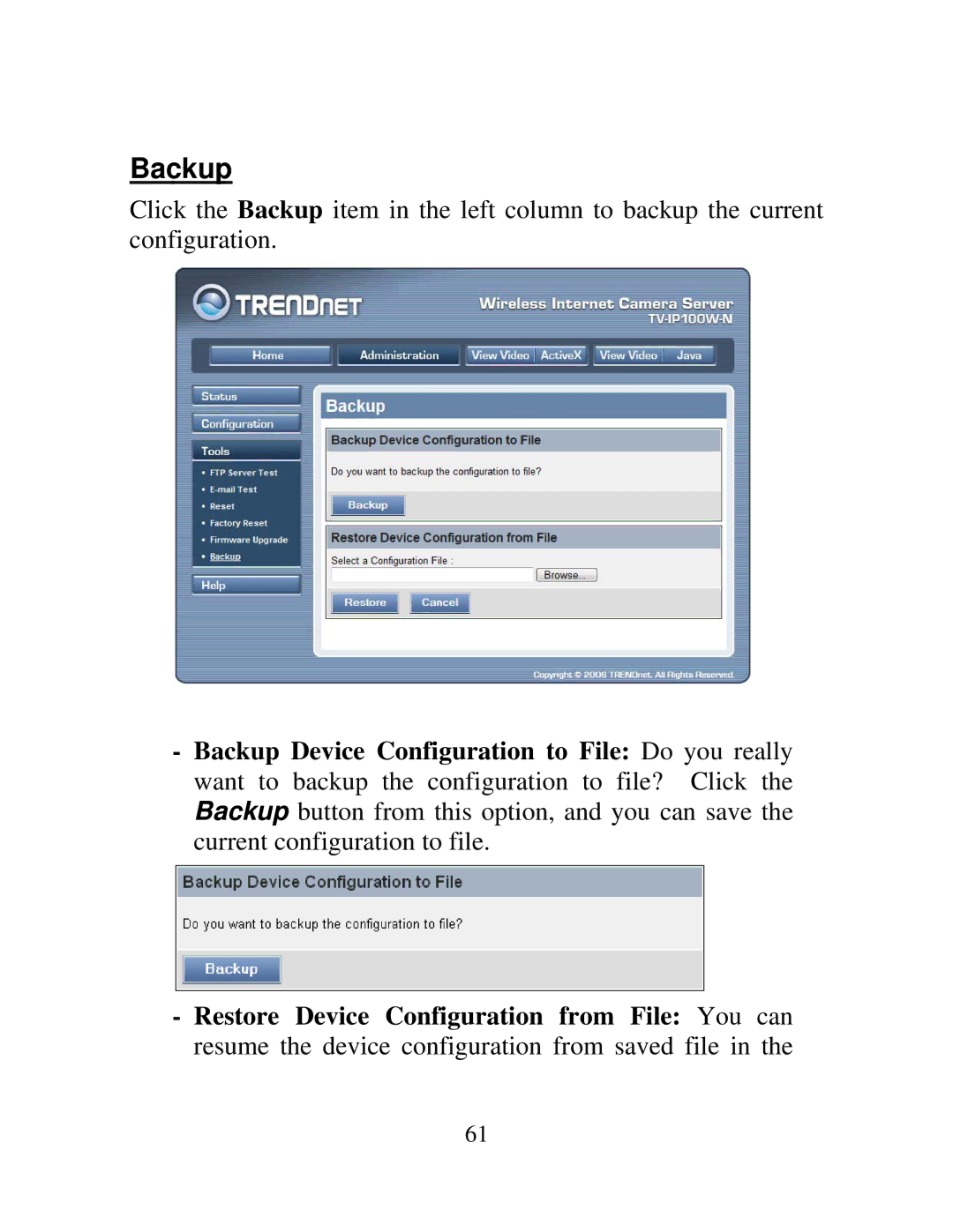 TRENDnet TV-IP100-N, TV-IP100W-N manual Backup 