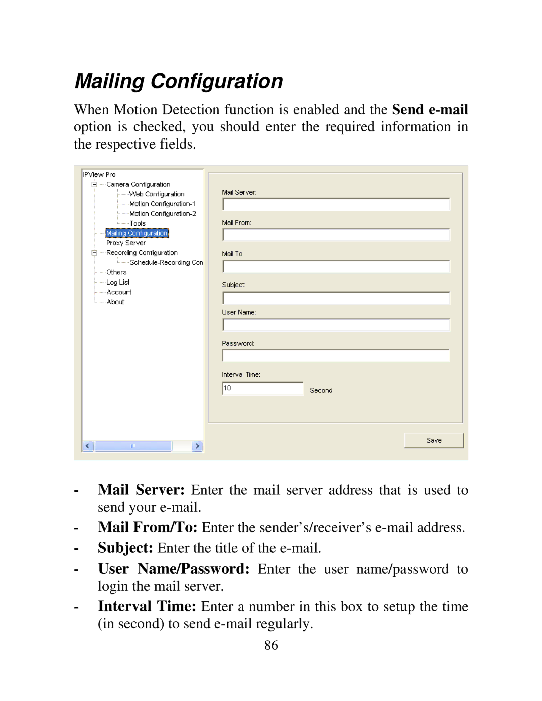 TRENDnet TV-IP100W-N, TV-IP100-N manual Mailing Configuration 