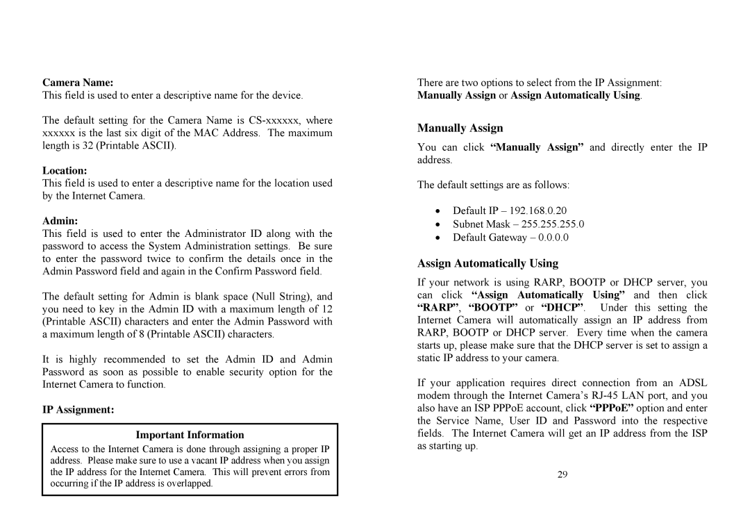 TRENDnet TV-IP100 manual Camera Name, Location, Admin, IP Assignment Important Information 