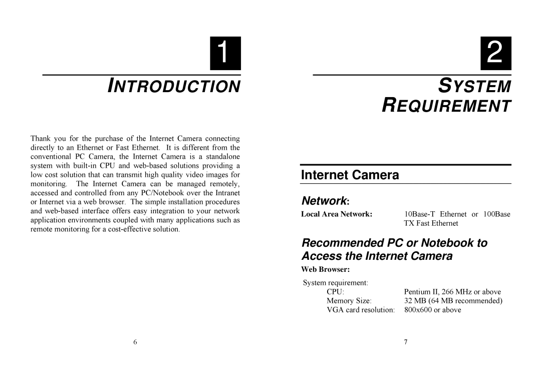 TRENDnet TV-IP100 manual Introduction, System Requirement, Internet Camera, Network 