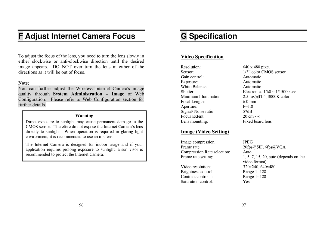 TRENDnet TV-IP100 manual Adjust Internet Camera Focus, Specification 