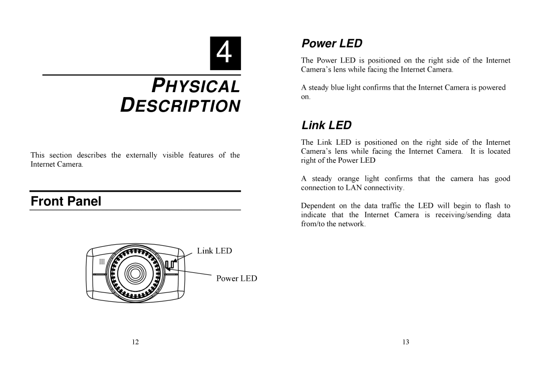 TRENDnet TV-IP100 manual Physical Description, Front Panel, Power LED, Link LED 