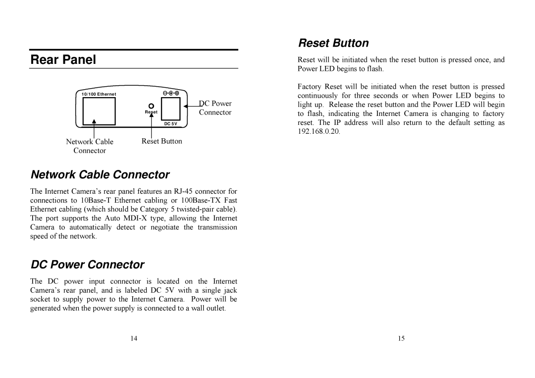 TRENDnet TV-IP100 manual Rear Panel, Network Cable Connector, DC Power Connector, Reset Button 