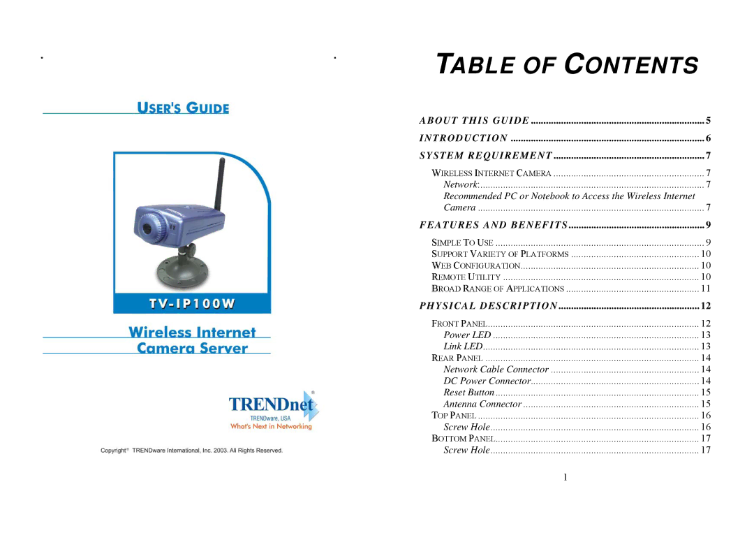 TRENDnet TV-IP100W manual Table of Contents 