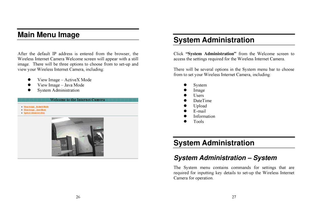 TRENDnet TV-IP100W manual Main Menu Image, System Administration System 