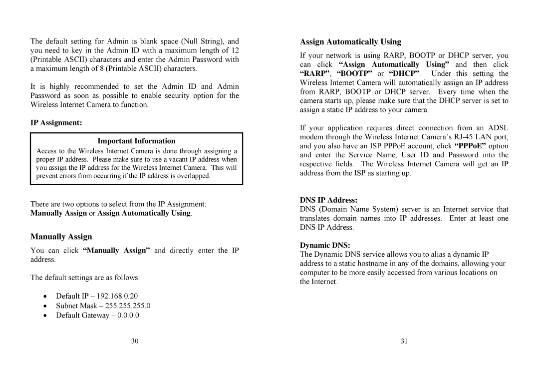 TRENDnet TV-IP100W manual IP Assignment Important Information, DNS IP Address, Dynamic DNS 