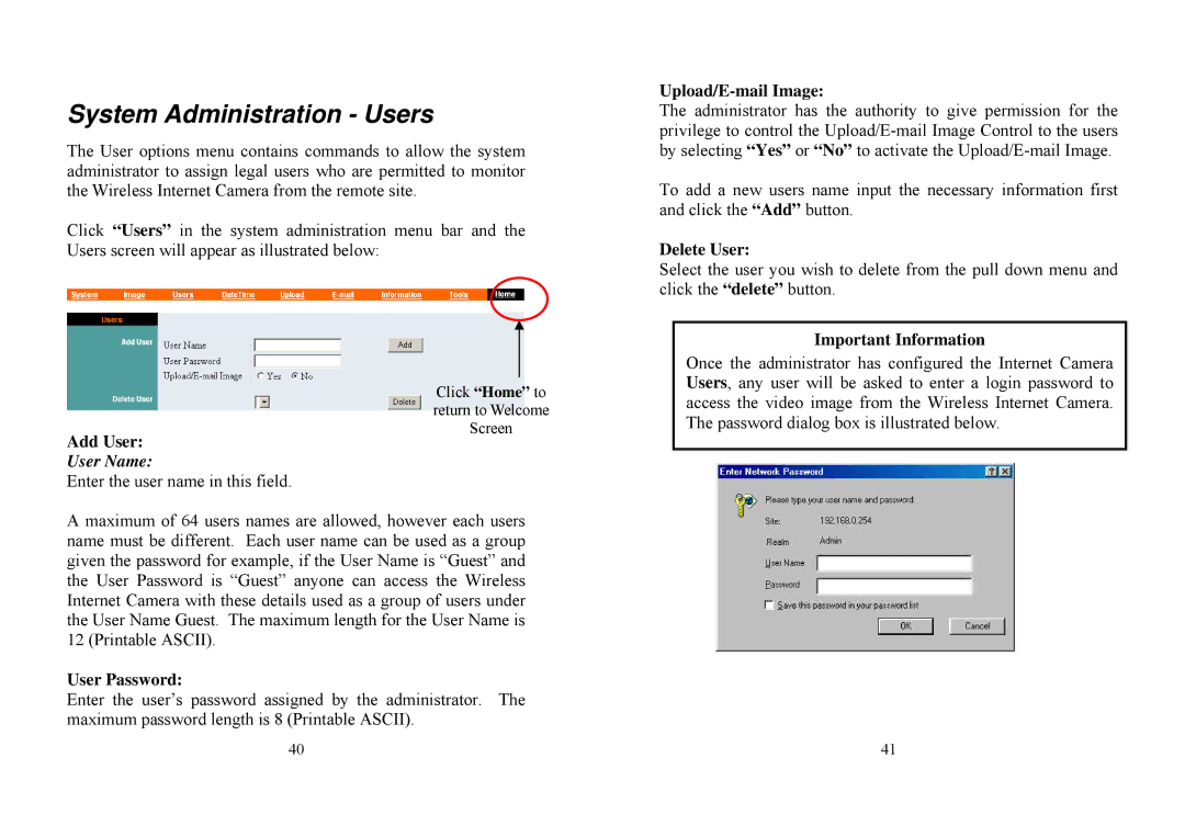 TRENDnet TV-IP100W manual System Administration Users, Upload/E-mail Image, Delete User, Important Information Add User 