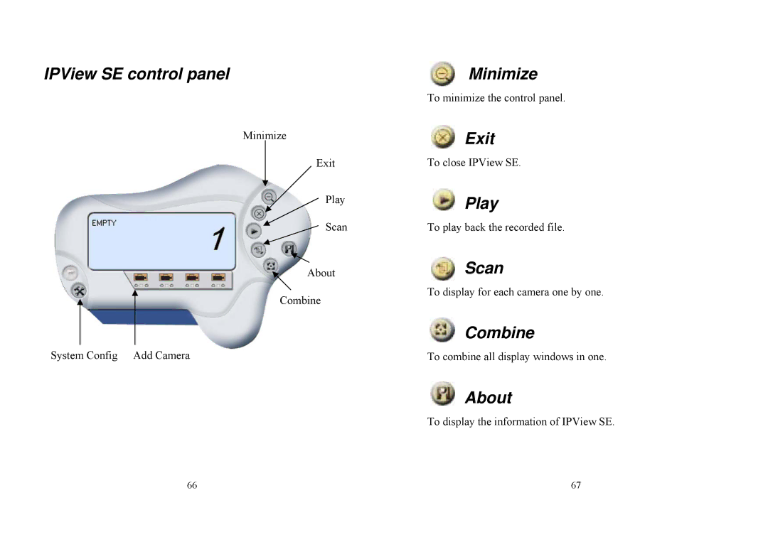 TRENDnet TV-IP100W manual IPView SE control panel, Minimize, Exit, Play, Scan, Combine, About 